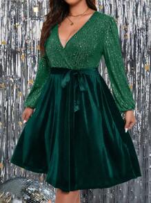 SHEIN Clasi Plus Size Glitter Patchwork Long Sleeve Dress - Dark Green - View 6