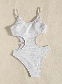 SHEIN Swim 夏季纯色镂空细肩带连体泳衣