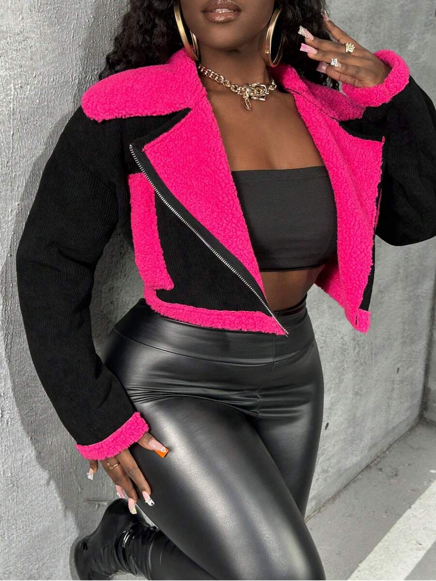 Slaydiva Tương phản Paneled Lông dê con Quần skinny Áo khoác - Nhiều màu - Xem 1