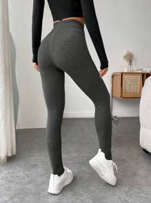 SHEIN EZwear Leisure Knit Skinny Long Leggings For Women, Spring And Autumn - Dark Grey - View 4