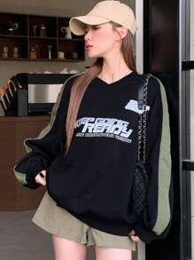 DAZY Sudadera Con Impresión De Eslogan Y Costura Lateral De Contraste - Negro - Ver 2