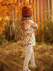 SHEIN Nhỏ bé Cô gái Thoải mái Thời gian rảnh rỗi con hổ & Thực vật In Áo nỉ Và Dài Quần Bộ - Màu be - Xem 5