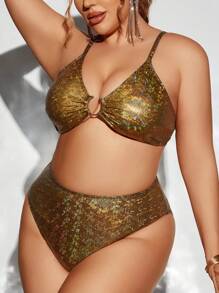 SHEIN Swim Curve Conjunto De Trajes De Baño De Talla Grande - Mostaza Amarilla - Ver 5