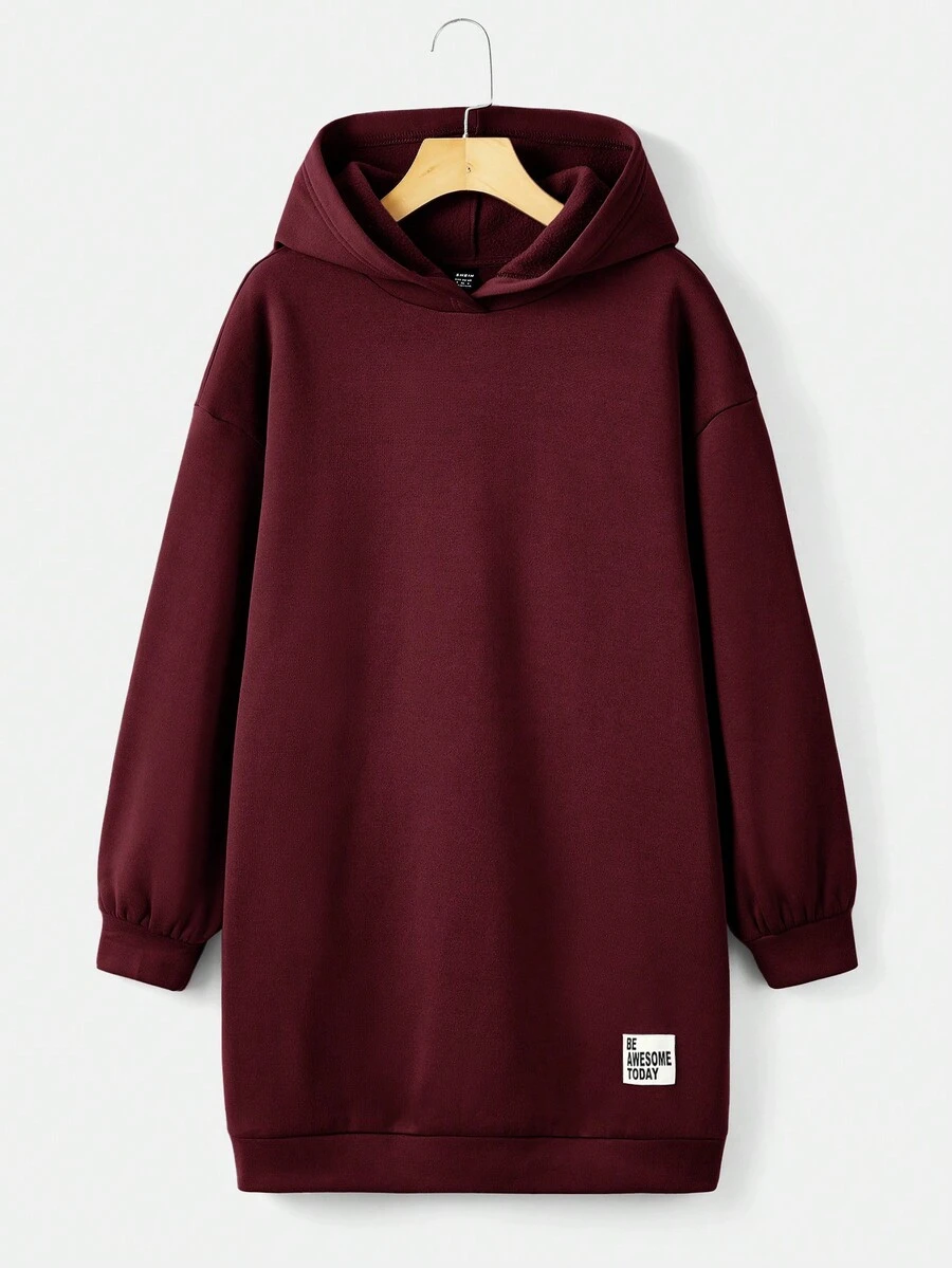 SHEIN EZwear Chất rắn Có màu sắc Chi tiết vá Áo nỉ có mũ - Màu Đỏ Sâu - Xem 1