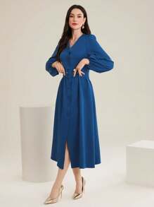 Mulvari Women's Solid Color Lantern Sleeve Belted Dress - Teal Blue - View 5