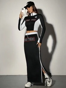 SHEIN EZwear 運動風字母拼接印花休閒裝2件套 - 黑與白 - 查看 5