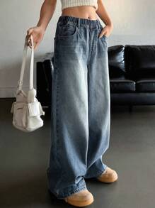 DAZY 松紧腰阔腿牛仔裤，宽松牛仔裤