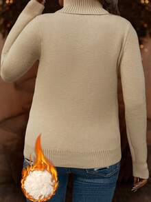 SHEIN LUNE Plus Size Solid Color High Neck Long Sleeve Sweater Pullover - Apricot - View 2