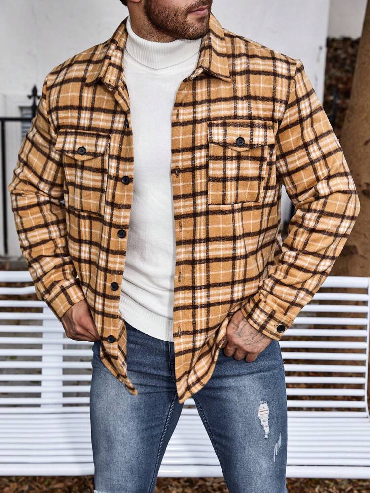Men Plus Plaid Print Flap Pocket Shacket