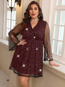 SHEIN Clasi Plus Size Mesh Splicing V-neck Dress - Burgundy - View 1
