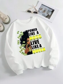 SHEIN EZwear Plus Size Casual Round Neck Sweatshirt With Letter Print - White - View 3