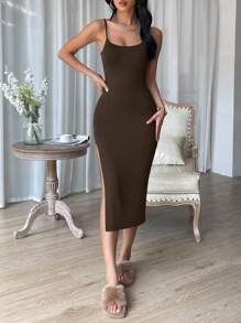SHEIN Essnce Solid Color Split Hem Cami Bodycon Dress - Brown - View 6