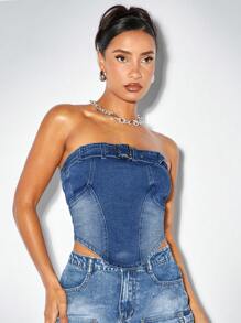SHEIN BAE Của phụ nữ Dũng cảm Và Mốt Denim Áo không dây - Màu xanh lam - Xem 2