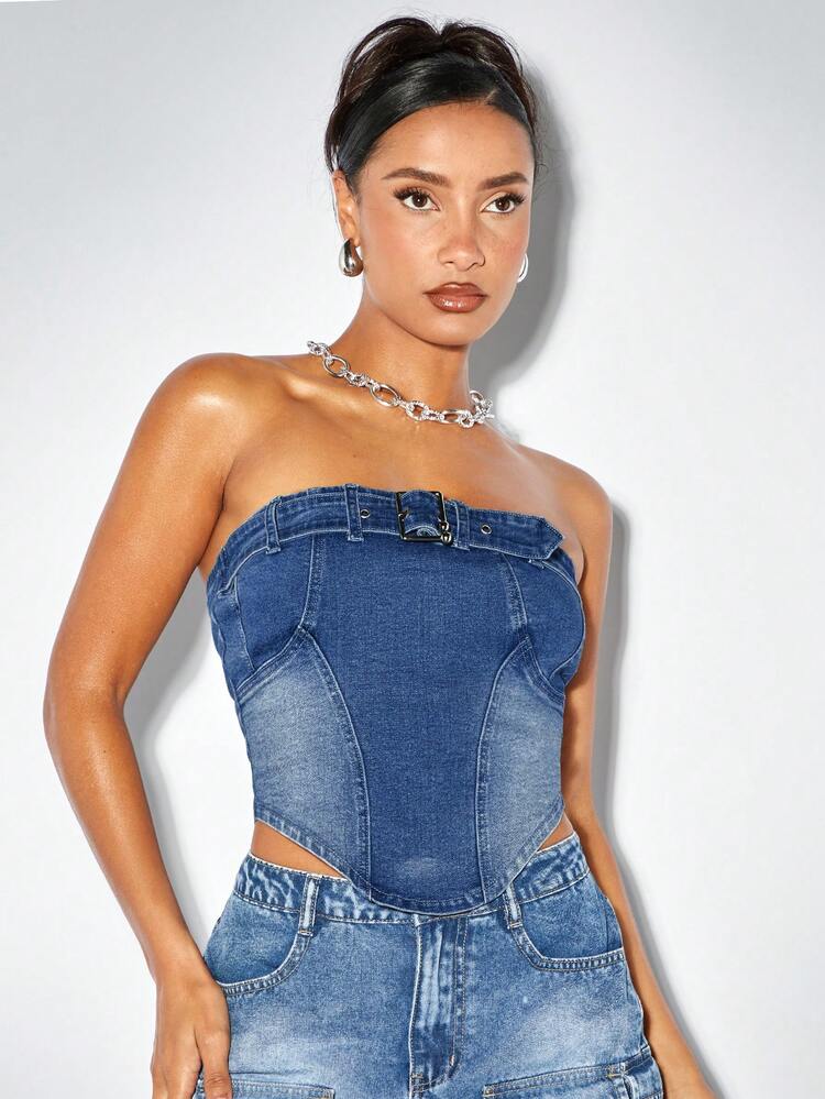 Women'S Bold And Edgy Denim Strapless Top