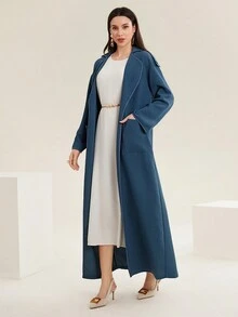 Al Najma Solid Color Front Open Arab Robe With Pockets Abayas - Blue - View 5