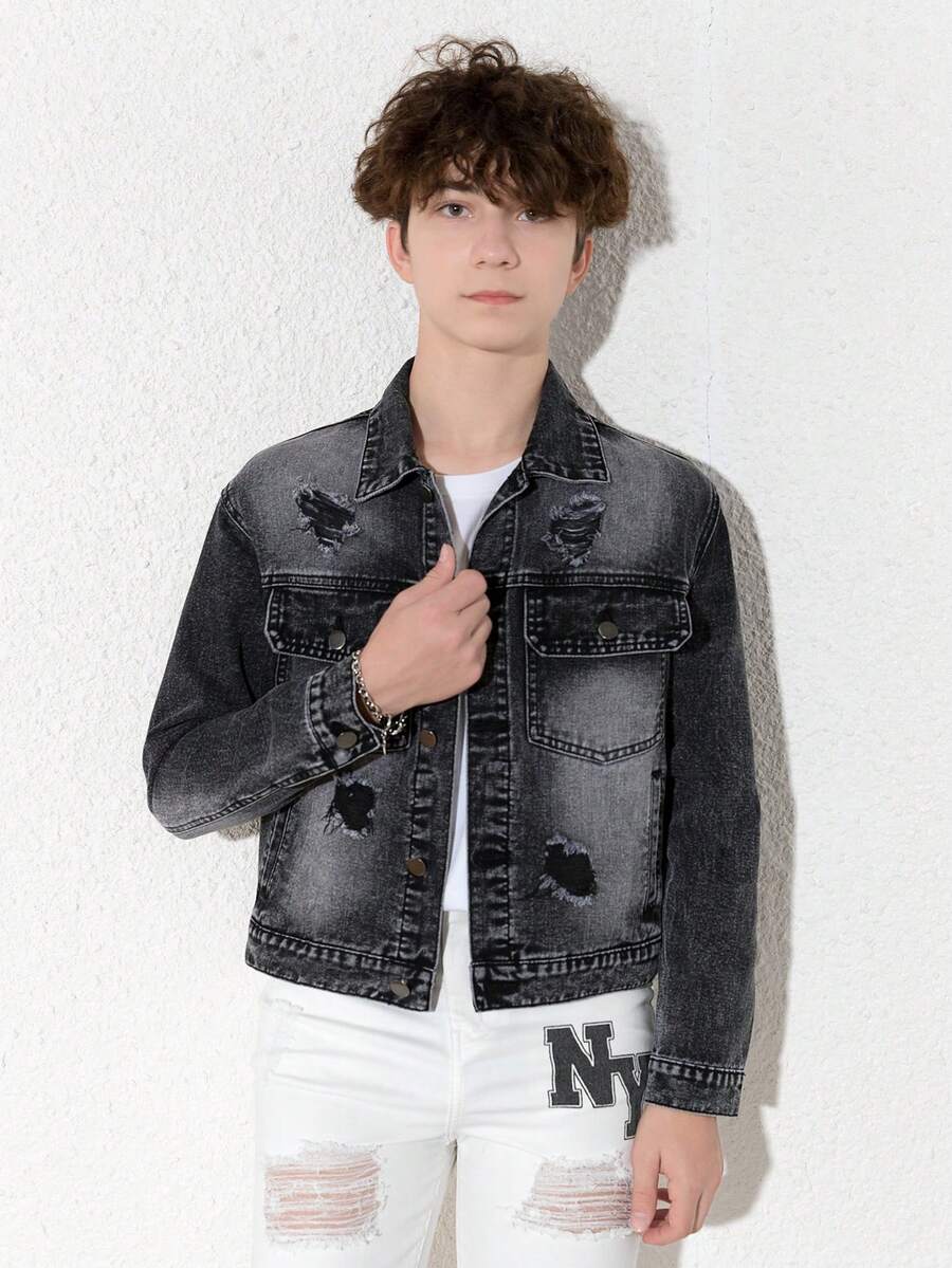 青少年男童新款休閒時尚仿舊水洗牛仔夾克 - 黑色 - 查看 1