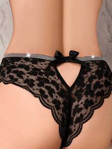 加大尺寸中空蕾絲底褲內衣 - 黑色 - 查看 2