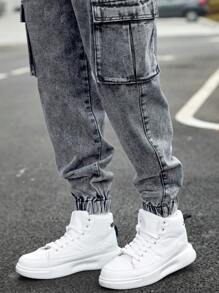 Manfinity Homme Men's Drawstring Waist Cargo Denim Pants With Slanted Pockets, Grey Cargo Pants, Denim Cargo Pants Men, Jean Joggers Men, Jeans For Men Cargo Baggy, Men Street Wear Pants