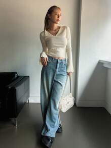 DAZY Suéter de mujer de unicolor con mangas acampanadas para otoño