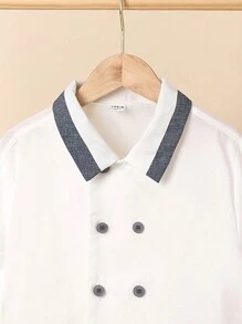 Cậu bé Tween Khối màu Cổ áo tây Đôi ngực Ngắn tay Áo sơ mi Và Bộ quần short , Quý ông - Xám - Xem 4