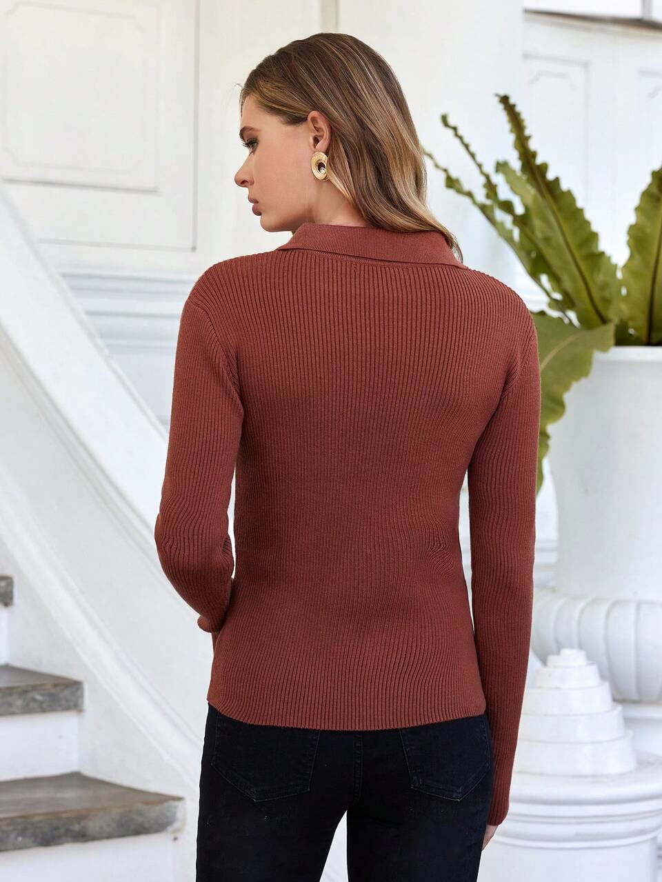 Keyhole Turtleneck Ribbed Knit Pullover Fall Winter Sweater