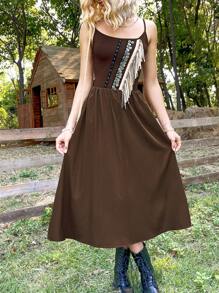 Dreamara Women's Patchwork Fringe Spaghetti Strap Dress