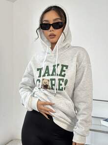 SHEIN Unity Cartoon & Slogan Print Kangaroo Pocket Hoodie - Grey - View 6