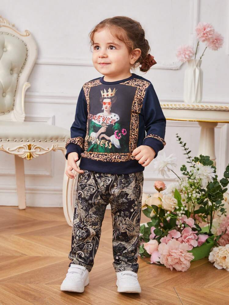 Baby Girl'S Winter Fun Printed Sweatshirt And Matching Printed Pants Outfit
