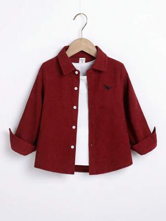 SHEIN Young Boy Casual Comfortable Long Sleeve Shirt With Elegant Dinosaur Embroidery, Paired With T-Shirt And Casual Pants, Suitable For Everyday Casual Wear, Travel, School, Versatile, Suitable For Autumn/Winter Season Getaway, Holiday, Travel, Relaxation, Sunbathing, Summer