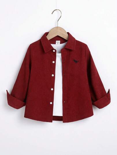 SHEIN Young Boy Casual Comfortable Long Sleeve Shirt With Elegant Dinosaur Embroidery, Paired With T-Shirt And Casual Pants, Suitable For Everyday Casual Wear, Travel, School, Versatile, Suitable For Autumn/Winter Season Getaway, Holiday, Travel, Relaxation, Sunbathing, Summer