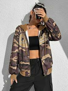 SHEIN Unity 迷彩字母印花束口帽衫 - 軍綠色 - 查看 6