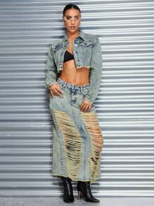 SHEIN BAE 復古懷舊水洗牛仔夾克 - 藍色 - 查看 2