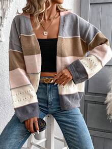 SHEIN LUNE 女款開襟拼色落肩長袖開襟衫 - 彩色 - 查看 3