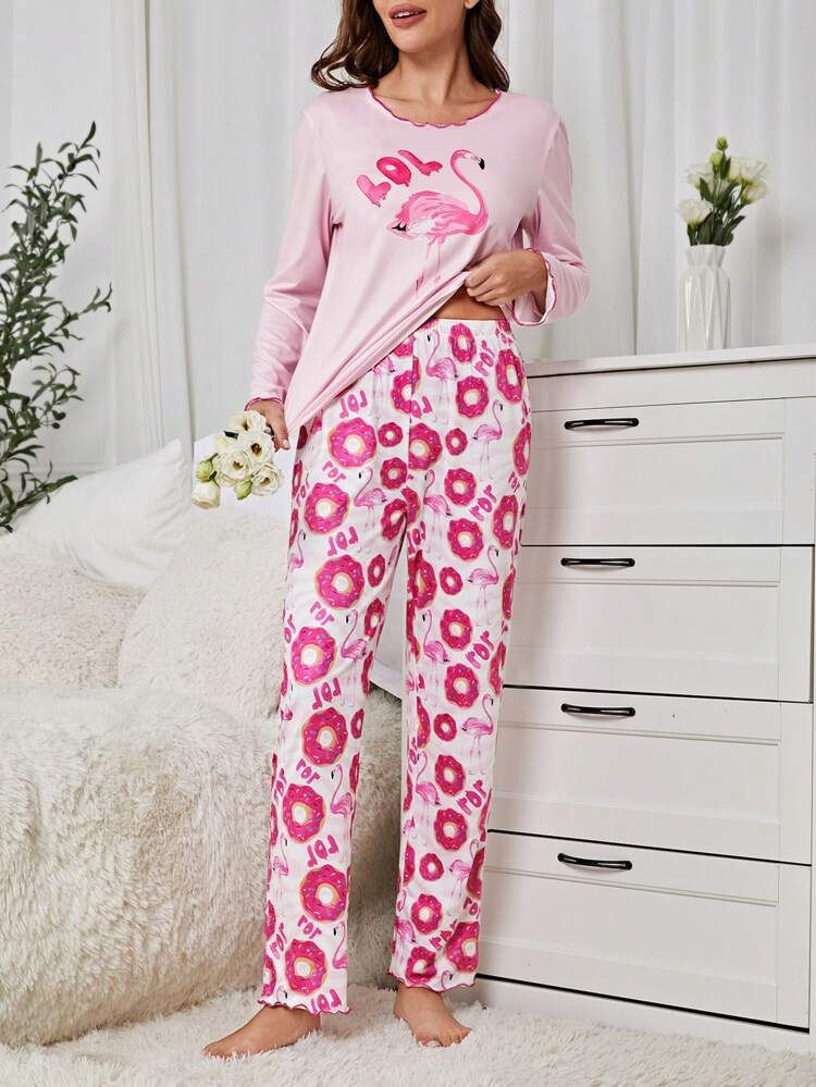 Women's Sweet Donut & Flamingo Printed Pajama Set Mommy And Me Matching Outfits (2 Sets Are Sold Separately)