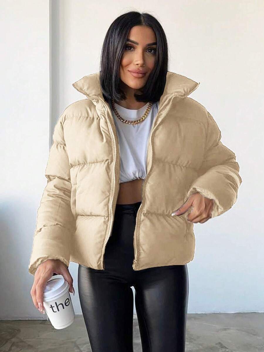 EURMUSE Zipper Front -padded Jacket - Beige - View 1