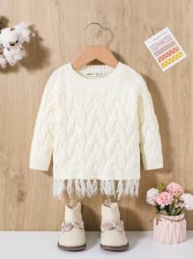SHEIN Baby Girls' Casual Round Neck Pullover Sweater With Fringe Hem, Long Sleeve - White - View 1