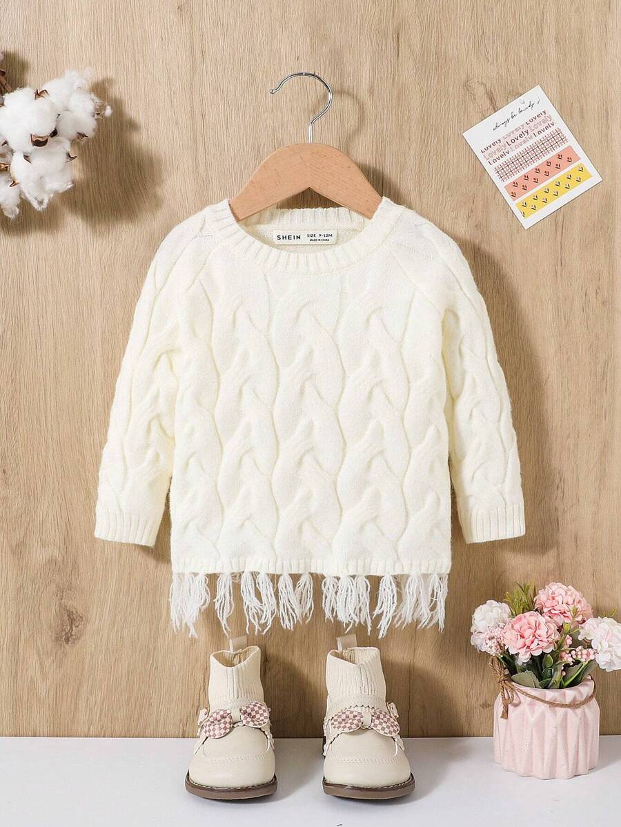 SHEIN Baby Girls' Casual Round Neck Pullover Sweater With Fringe Hem, Long Sleeve - White - View 1