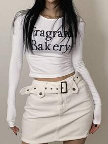 Women's Short Cropped T-Shirt With Letter Print Long Sleeve Women - White - View 6