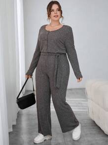 SHEIN Essnce Plus Size Monochromatic Round Neck Long Sleeve Jumpsuit