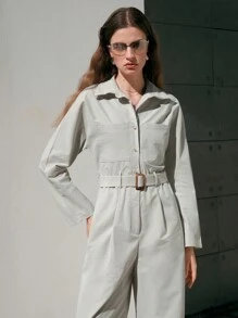 Anewsta 女式腰帶襯衫連身褲 - 白色 - 查看 5