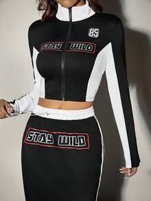 SHEIN EZwear 運動風字母拼接印花休閒裝2件套 - 黑與白 - 查看 7