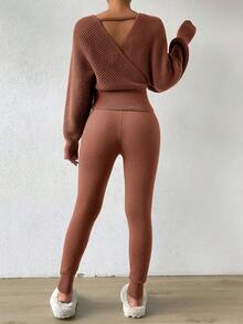 SHEIN Essnce 2入組休閒v領長袖毛衣 - 鏽棕色 - 查看 2