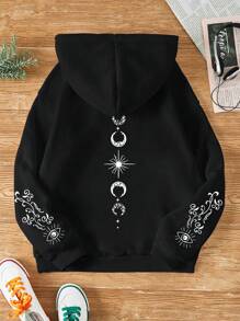 SHEIN EZwear 加大號帶連帽星星月亮印花休閒運動衫 - 黑色 - 查看 1