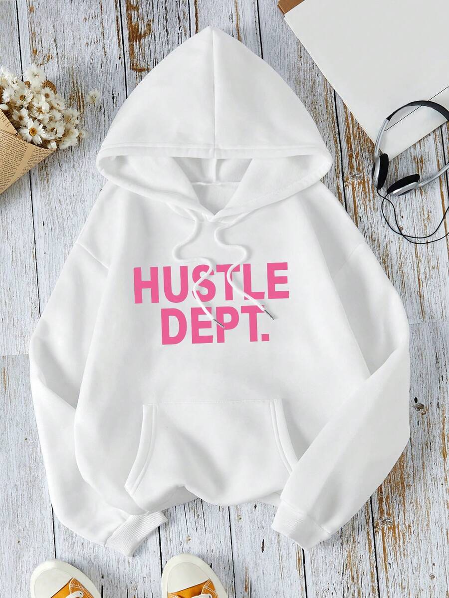 SHEIN EZwear Của phụ nữ Áo nỉ có mũ Với In thư Và Dây rút - trắng - Xem 1