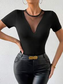 SHEIN Privé Women's Mesh Contrast Short Sleeve T-Shirt - Black - View 5