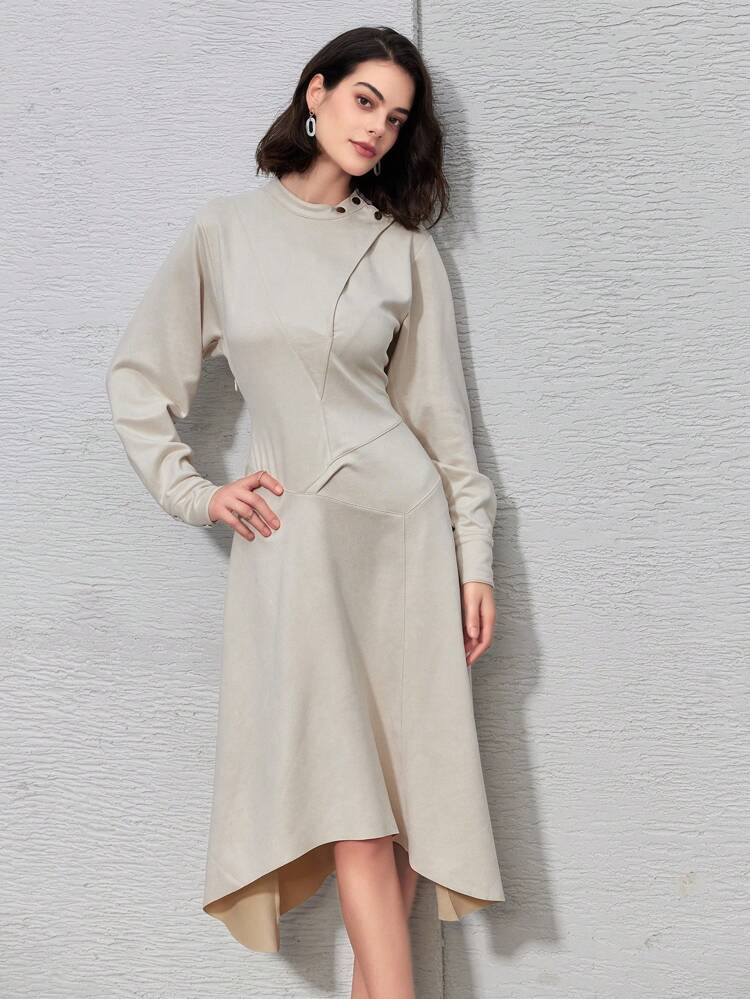 Solid Color Round Neck Long Sleeves Dress