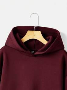 SHEIN EZwear Chất rắn Có màu sắc Chi tiết vá Áo nỉ có mũ - Màu Đỏ Sâu - Xem 4