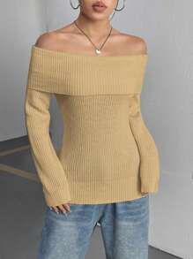 SHEIN Unity Fine Ribbed Knitted Off Shoulder Sweater Fall Winter - Khaki - View 3