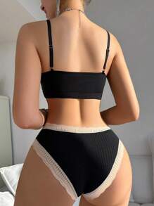 Lace Patchwork Underwear Set, Bra & Panty Set - Black - View 2