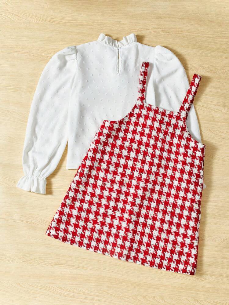 Girls' Woven Solid Color Shirt With Leg Of Mutton Sleeve And Plaid Overall Dress Two-Piece Set